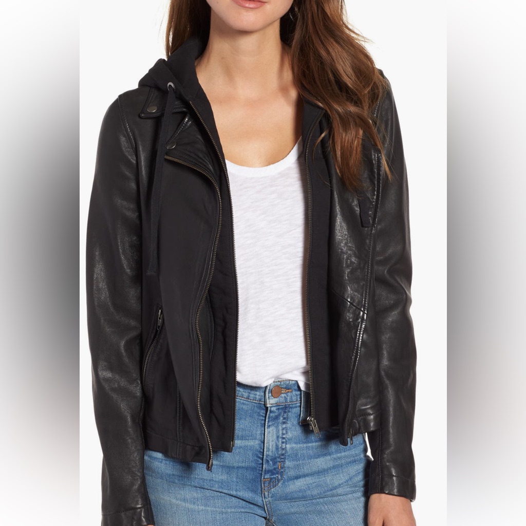 Calson Black Leather Moto Jacket With Removable Hood
